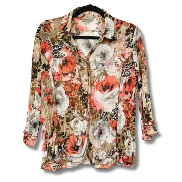 CANDA Floral prrint crinkle fabric button down shirt ~ MEDIUM LARGE sheer blouse - Picture 1 of 14